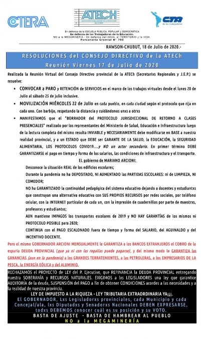 Atech convocó a un paro y a una movilización el 22 de julio ...